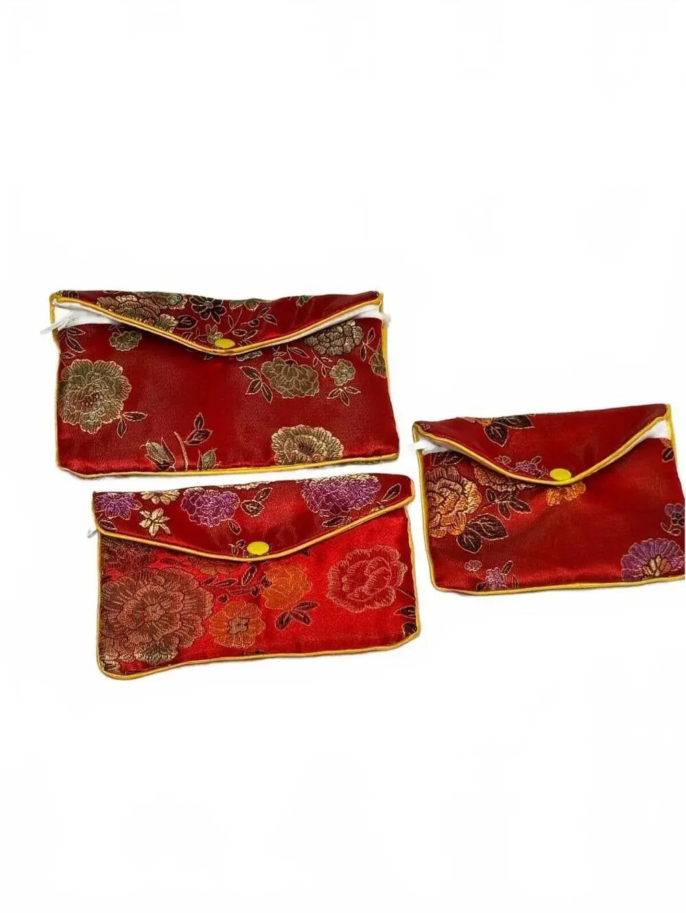 Chinese Brocade Silk Nesting Jewelry Pouches Set of 3 Red Floral Envelope